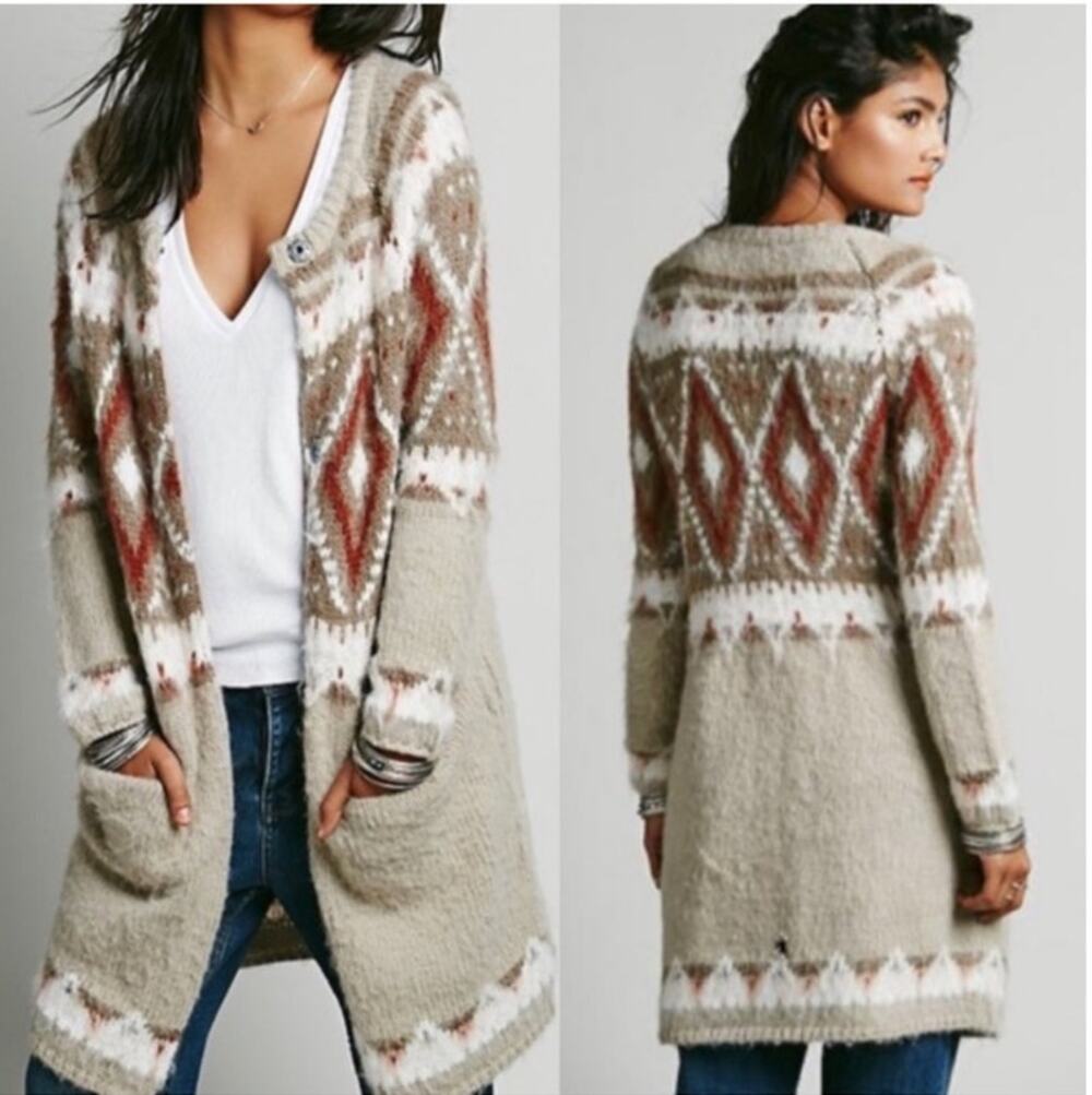 Free People Frosted Fair Isle Sweater Coat Cardigan Wool Mohair
